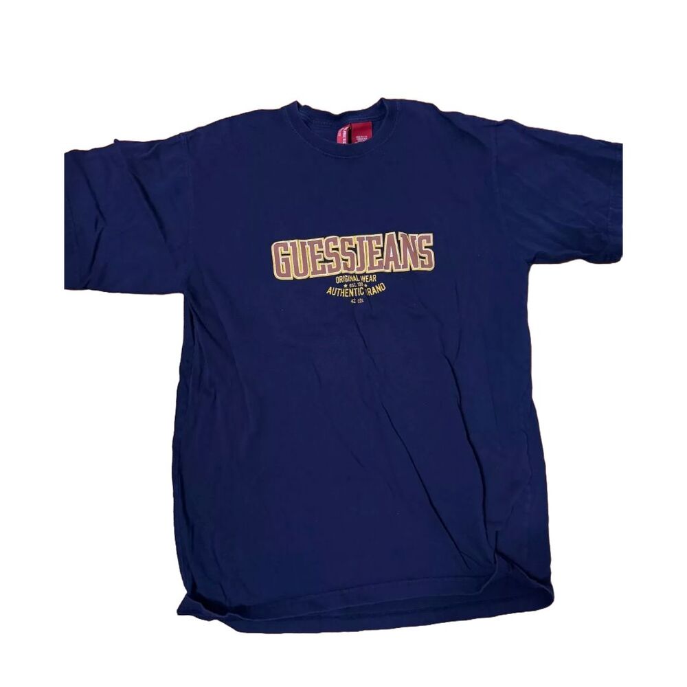 Guess Jeans Mens Medium - Spell Out T-Shirt Navy Blue Brown Vintage USA M38DV370